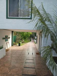 科洛尼亚-德尔萨克拉门托Apartamento con Patio. Planta baja, Max. Para 3.的棕榈树房子的走廊