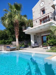 博德鲁姆Villa Castello的棕榈树和游泳池的房子