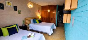 危地马拉Hostal de Lucca的一间卧室设有两张床和蓝色的墙壁