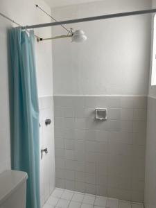 梅里达Apartamentos Cupules的一间带蓝色淋浴帘的淋浴的浴室