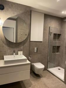 格但斯克River View Old Town的浴室配有盥洗池、卫生间和镜子。