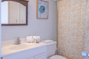 加尔维斯敦Islander East Condominiums的一间带水槽、镜子和卫生间的浴室