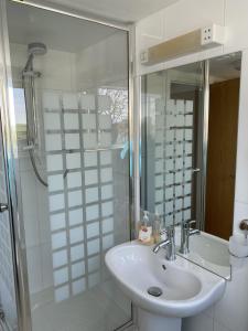 韦德布里奇Bryher的白色的浴室设有水槽和淋浴。