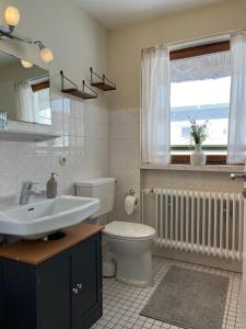 阿克斯姆Landhus-Sylt的一间带水槽和卫生间的浴室以及窗户。