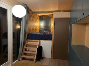莱利斯塔德A tiny house close to nature - Amsterdam region的小卧室设有一张床和梯子