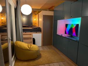 莱利斯塔德A tiny house close to nature - Amsterdam region的一间带电视和沙发的客厅