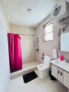 伊林加Urban Haven Rooms的一间带粉红色淋浴帘和卫生间的浴室