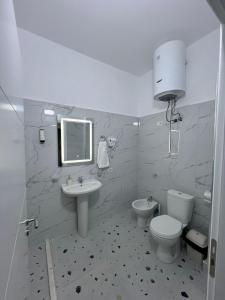 LushnjëPrime Luxury Apartments的白色的浴室设有水槽和卫生间。