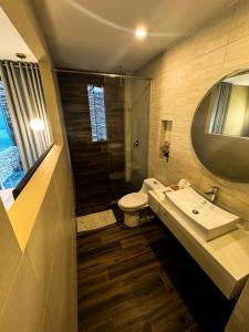谢内吉亚区Hotel Campo & Leña的一间带水槽、卫生间和镜子的浴室