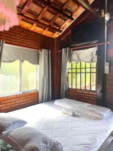 Tân PhúDu Nam Riverside Tour Trọn Gói的一张大床,位于带两个窗户的房间