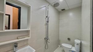 顺化Our Homestay in Hue - SELF CHECKIN的一间带卫生间、水槽和镜子的浴室