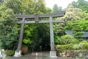 高千穗町Takachiho Himuka no Yado的花园中种有树木的 ⁇ 门