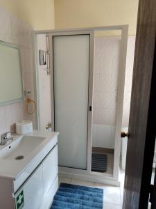 马希库casa na Torre的一间带水槽和玻璃淋浴间的浴室