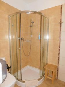 贝谢诺瓦Wellness Hotel Bešeňová的浴室内带玻璃淋浴间
