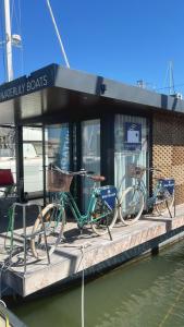 阿亚蒙特Casas Flotantes - Boatvillage的两辆自行车停在水面上的码头上