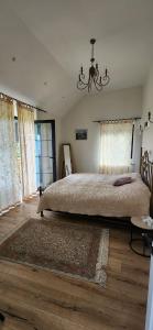 GoshBalkonum Luxury Guest House的一间卧室配有一张大床和一个吊灯。