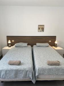 大加那利岛拉斯帕尔马斯Holiday Home & Rooftop Lounge的卧室内的两张床,配有两个枕头