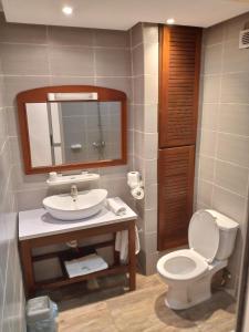 AkwaBau rivage hotel的一间带卫生间、水槽和镜子的浴室