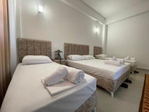 培拉特Villa Deart Berat的一间设有两张床铺和毛巾的房间