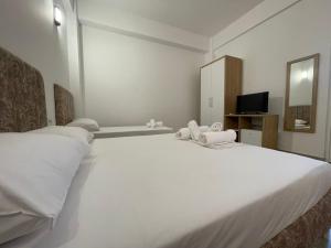 培拉特Villa Deart Berat的一间配有电视的客房内的一张大白色床