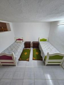 托泽尔Hadhri Appartement的地板上带地毯的客房内的两张床