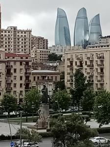 巴库Квартира в престижном районе Баку的建筑前有雕像的城市