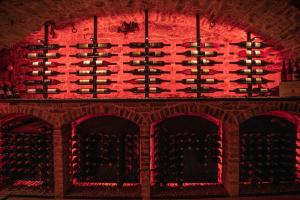 AnthisnesGlamping Chateau de La Chapelle的酒窖,带葡萄酒瓶的红墙