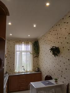 巴库Квартира в престижном районе Баку的厨房配有桌子和窗户