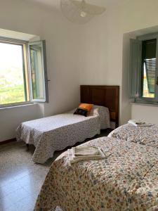 CamporgianoBirillina al Poggio的一间带三张床和两扇窗户的卧室
