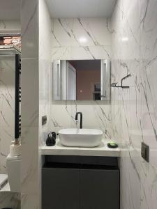 泰拉维guest house Telavi XXI的白色的浴室设有水槽和镜子