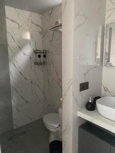 泰拉维guest house Telavi XXI的白色的浴室设有卫生间和水槽。