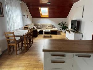 采尔克尼察Rooms Apartma Cerknica的客厅配有沙发和桌子