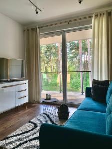 奥古斯图REMAR - Apartamentai prie Necko Ežero的客厅设有蓝色的沙发和大窗户