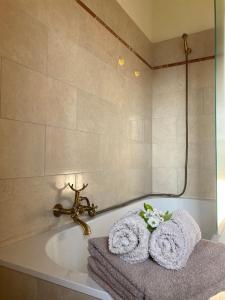 CupramontanaVilla Verdicchio - B&B for winelovers的浴室配有浴缸和毛巾。