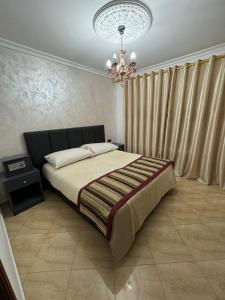 纳祖尔Appart Hotel Excellent的一间卧室配有一张大床和一个吊灯。