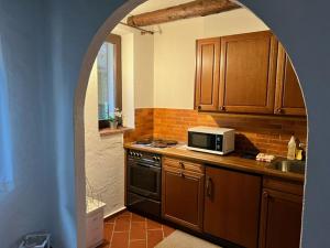 卡斯拉诺Caslano: 2.5 Zi-Dachwohnung im rustikalen-modernen Stil的厨房配有微波炉和炉灶。