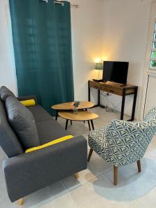 法兰西堡BE BLUE GREEN的客厅配有沙发和带电脑的书桌