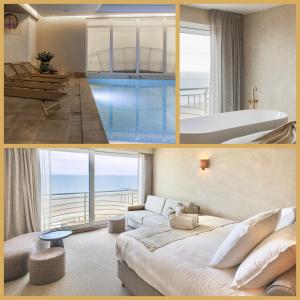 布兰肯贝赫海滩宫廷酒店的酒店客房设有一张床,享有海景。