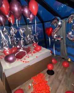 努克Aurora Hut by InukTravel的一间房间,配有一张带气球和蛋糕的床