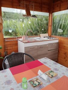 瓜斯卡Cabaña Los Linos的厨房配有桌子、水槽和台面