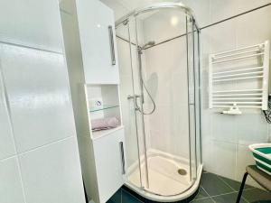 施韦夏特60 m2 Apartment near Airport - Free Parking的浴室里设有玻璃门淋浴