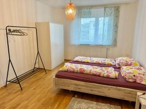施韦夏特60 m2 Apartment near Airport - Free Parking的配有枕头的床的客房