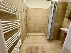维也纳70 m2 Quiet & Calm Apartment with Free Parking的带淋浴和盥洗盆的浴室