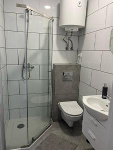 库多瓦-兹德鲁伊Jula - apartamenty w Kudowie-Zdrój的带淋浴、卫生间和盥洗盆的浴室