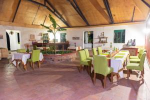 KashashaSharp Island Gorilla Lodge, Lake Bunyonyi的一间带桌子和绿色椅子的餐厅以及一个喷泉