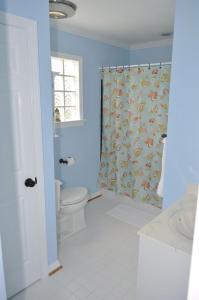 弗吉尼亚海滩Surf's Up!的一间带卫生间和淋浴帘的浴室