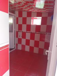 舍基Tatil evi的一间铺有红色和白色格子地板的客房
