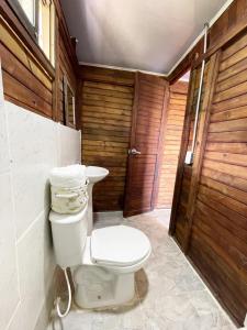 圣弗朗西斯科Yaque Glamping的一间带卫生间和木墙的浴室