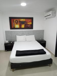 巴兰基亚Hotel Suite Imperial 72的卧室配有一张带黑色毯子的白色床