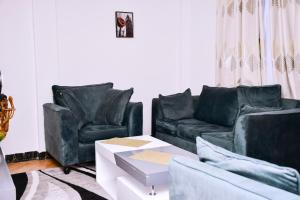KisiiNyamira homes的客厅配有两张真皮座椅和一张桌子